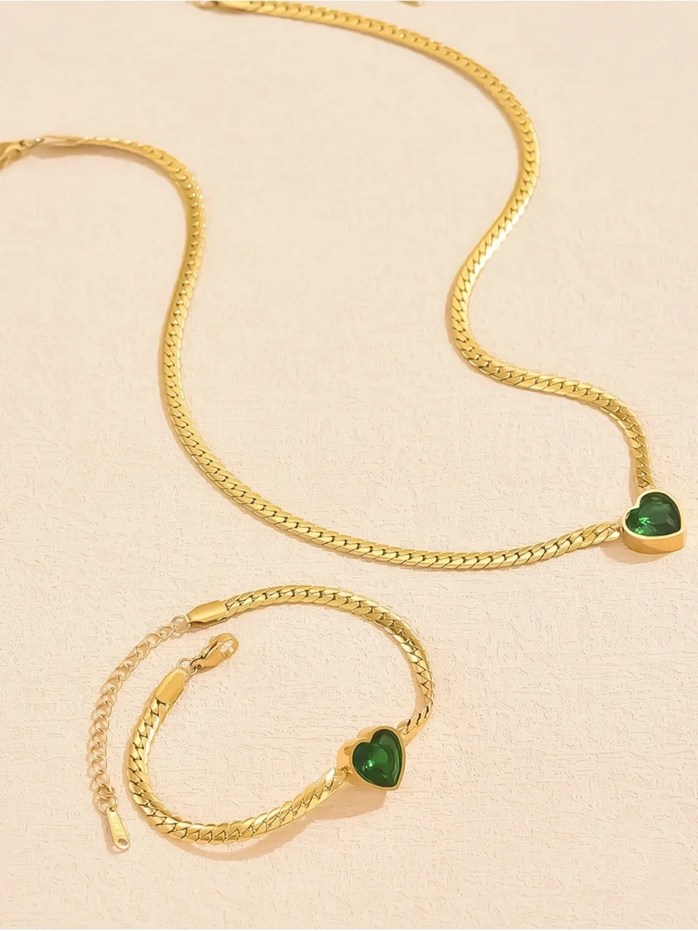 Gold Heart Pendant Necklace and Bracelet Set with Green Stone